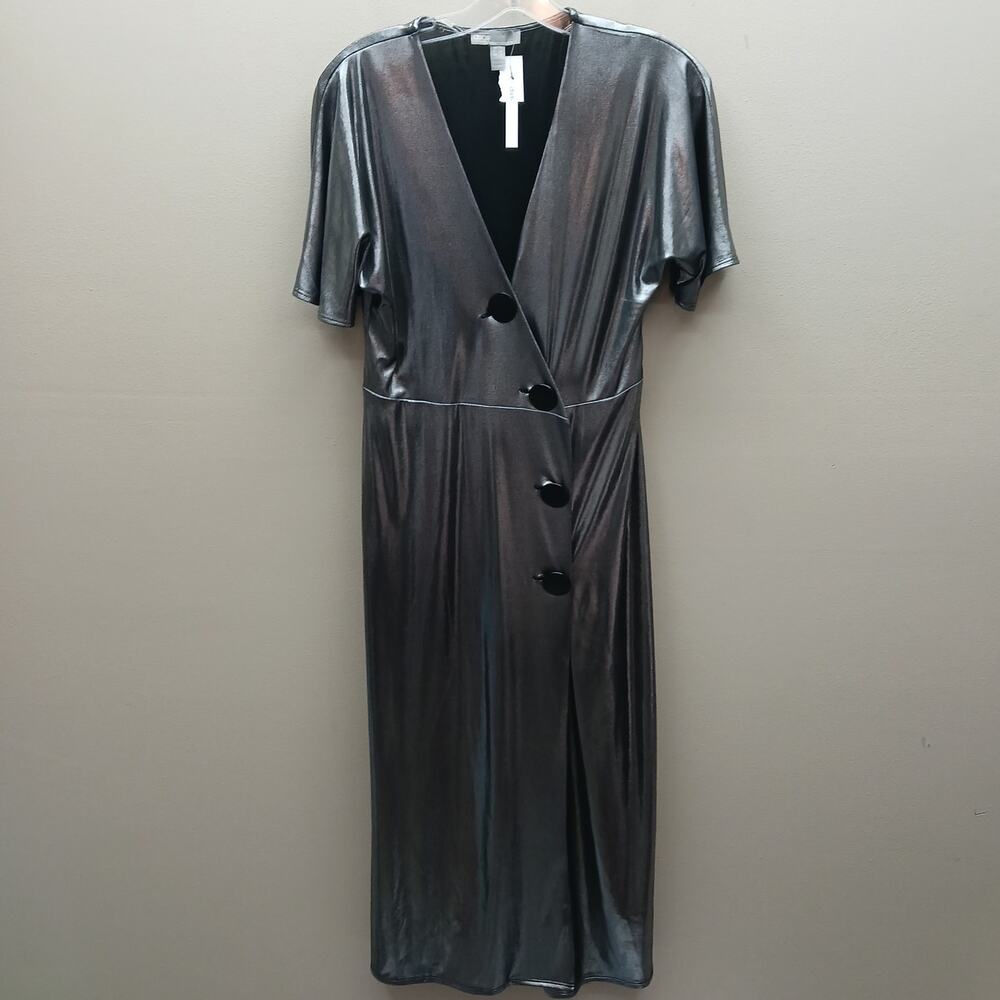 asos NWT Metallic Silver Midi Wrap Dress Large Buttons Event Evening Size 6